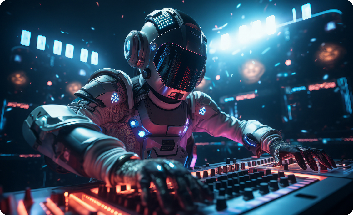 صمم لي روبوت يكون هوا المتحكم الاول في تشغيل الاغاني والموسيقي في حفلة موسيقية كبيرة ويكون الروبوت بتصميم مستقبلي مع أضواء نيون زرقاء وبنفسجية تحيط به، ويقف على مسرح ضخم أمام جمهور كبير متحمس للحفلة الموسيقية.